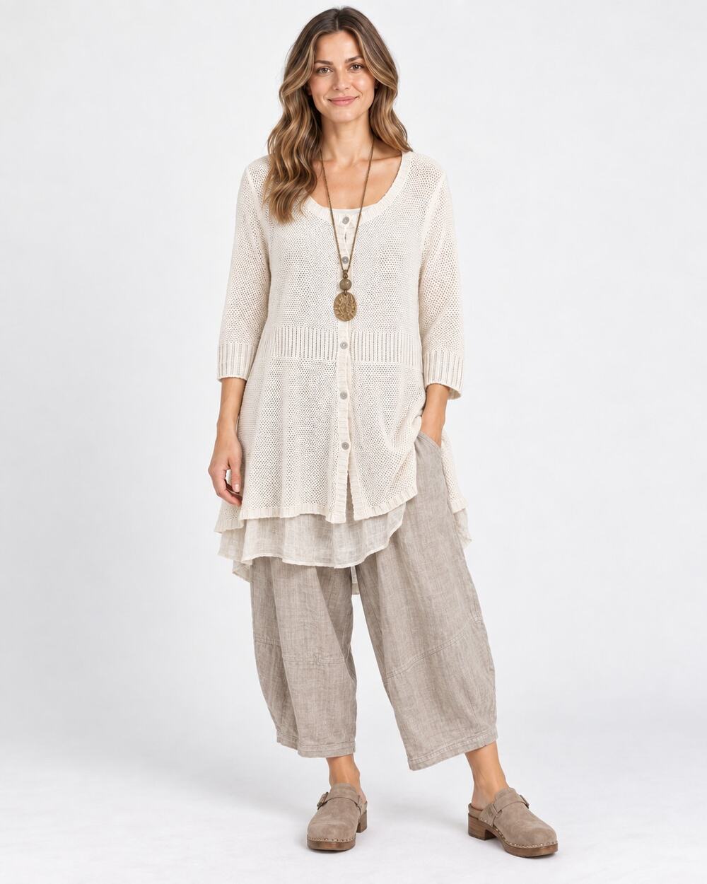 Eileen Fisher 100% Hemp Cardigan M White Open Knit Button Front Long Tunic
